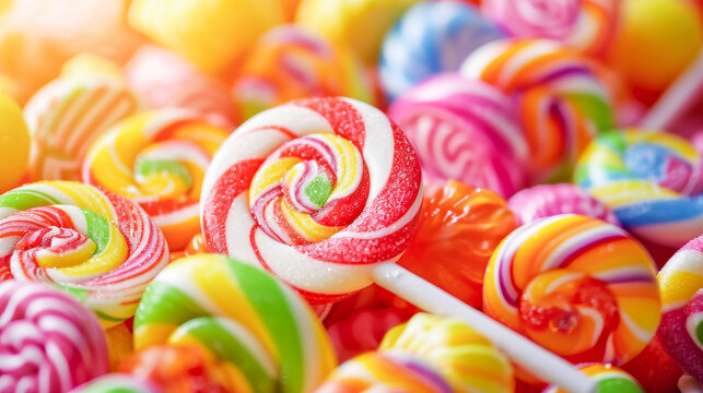 A selection of colorful swirl lollipops and various candies, with bright and cheerful patterns.

