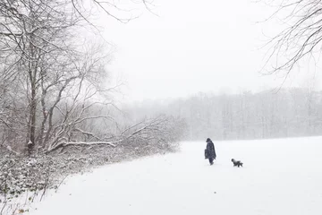 Foto auf Leinwand Dog lover walks her dog in the woods during a heavy snowstorm © Lucas