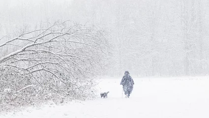 Foto auf Leinwand Dog lover walks her dog in the woods during a heavy snowstorm © Lucas