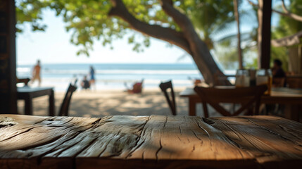 Obraz premium beachfront cafe weathered wood table top