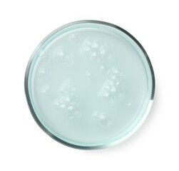 Petri dish with light blue liquid sample on white background, top view
