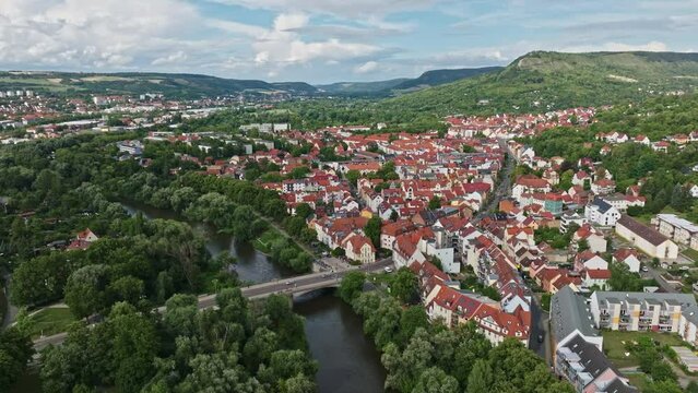 Aerial drone view of Saale River in Jena , Thuringia, Germany