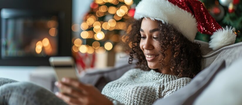 Shopping during the festive period, woman wearing a sparkling gold sequin Santa hat uses a credit card to browse online fashion stores on a smartphone, sitting on a couch in a modern living room