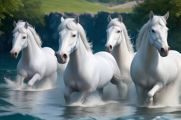 Obraz na płótnie Canvas A photo of a beautiful group of horse in water Generative AI