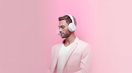 Obraz premium Handsome mature man with a beard enjoying music on headphones on a simple pastel background. Concept: audio podcasts and listening to books, self-education through stereo. 
