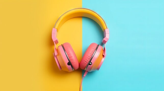 Bright headphones on a blue-yellow background. Banner with copy space
