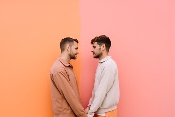 Fototapeta premium Two guys with positive emotions. Handsome young guys in headphones listen to music together. Neutral background, banner with copy space. Concept: listen and enjoy the sound. 