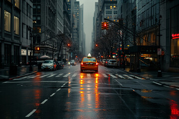 Obraz premium a taxi on empty street dark weather,dim lights
