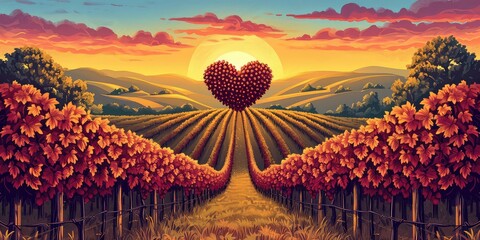 Heart-shaped Vineyard - Design an illustration of a vineyard with grapevines forming heart shapes, creating a romantic backdrop for wine lovers. The sunset hues and rolling hills add a touch  - obrazy, fototapety, plakaty