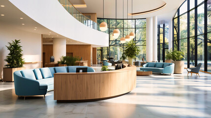 Luxurious hotel lobby with a modern and elegant design. An inviting and stylish space for guests to relax and enjoy