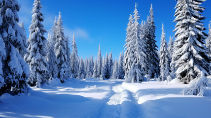 Landscape of trees snow blue sky and snow on board