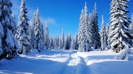 Fototapeta premium Landscape of trees snow blue sky and snow on board