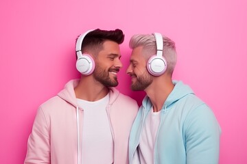 Male LGBT couple in love. Handsome young guys in headphones listen to music together. Neutral background, banner with copy space. Concept: listen and enjoy the sound.
