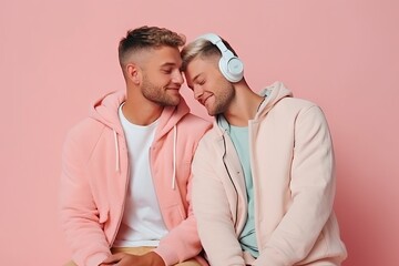 Male LGBT couple in love. Handsome young guys in headphones listen to music together. Neutral background, banner with copy space. Concept: listen and enjoy the sound.
 - obrazy, fototapety, plakaty