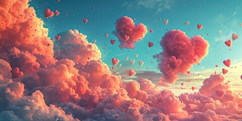 Ethereal Love Cloudscape - Illustrate a surreal cloudscape with clouds taking on whimsical shapes of hearts and love symbols. The ethereal and dreamlike setting conveys