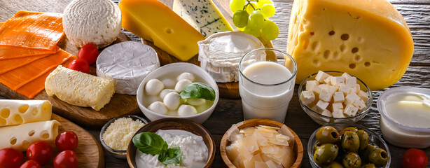 A variety of dairy products including cheese, milk and yogurt