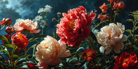 Background with beautiful pink peonies. Banner, wallpaper