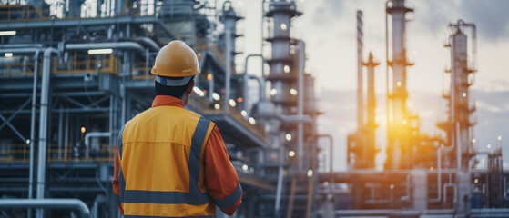 A back view of an engineer in a hard hat and safety vest looking over a busy industrial plant during sunset.