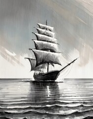 A huge majestic sailing ship in ocean artwork in oils, depicting sunset and calm water