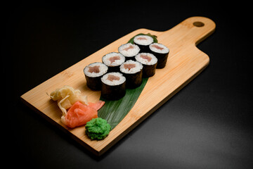 Delightful sushi set display on wood