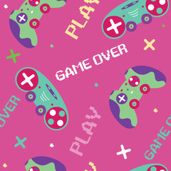 Seamless gamepads pattern. Game pads repeat print on a pink background. Digital Text Game over, Play. Gaming repeated wallpaper for clothes.Y2k Background.Game pattern.