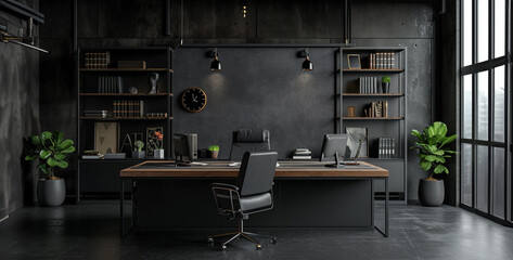 Interior of modern office with dark concrete walls, concrete floor, black computer desk and bookcase. 3d rendering - obrazy, fototapety, plakaty