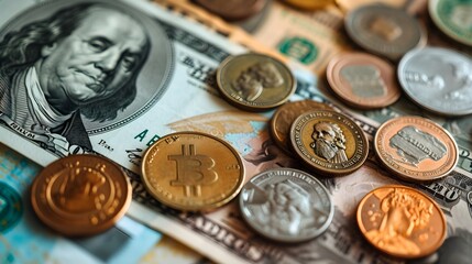 banknotes and coins, different currencies and cash, money, economy, exchange rates and inflation concept