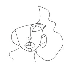 One line art drawing sketch of young woman girl isolated with waved curl hair and earring on white.Organic cosmetics, beauty hair care, lashes concept
