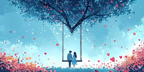 Heart-shaped Garden Swing - Design an illustration of a garden swing suspended from a heart-shaped frame. The scene can capture a couple enjoying a gentle swing under a canopy of blooming flowers - obrazy, fototapety, plakaty
