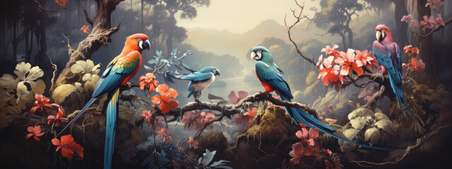 Wallpaper jungle, parrots and leaves tropical trees, old paper drawing style.