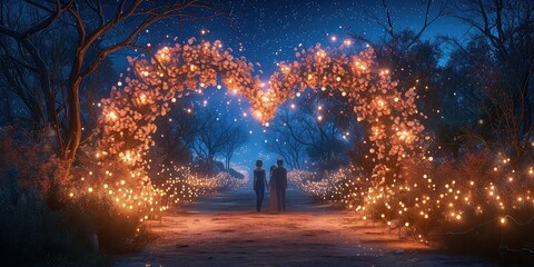 Fototapeta na wymiar Moonlit Love Archway - Illustrate a moonlit archway adorned with flowers and lights, forming a heart-shaped entrance. The scene can capture a couple walking through the archway under a starry sky