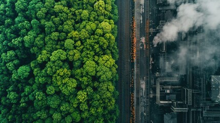 Aerial view contrasting an industrial complex with its harsh metallic structures against the natural beauty of a dense, green forest.. Carbon footprint idea