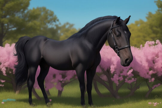 A photo of a beautiful black horse stands in the field Generative AI