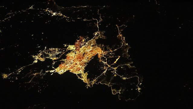 Satellite view city night lights of Athens, Greece, animation based on image by Nasa