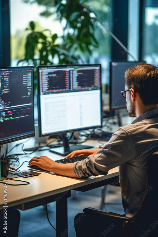 Poster back view of a programmer at work