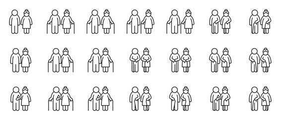 Elderly couple. Senior citizens. Older people. Grandparents. Old man and old woman with walking cane. Set of outline icons (thin line vector). Editable Strokes - obrazy, fototapety, plakaty