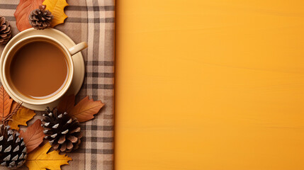 Autumn Cozy Vibes: Cup of Tea with Lemon, Maple Leaves, and Plaid on Pastel Beige Background