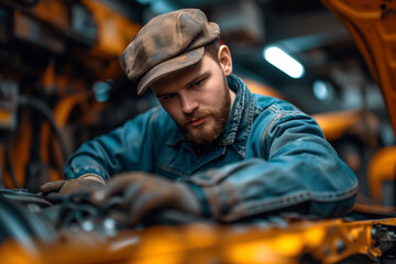 Obraz premium Portrait of a mechanic checking the safety of a car Maintenance of damaged parts in the garage. Maintenance. Car repair and maintenance concepts.