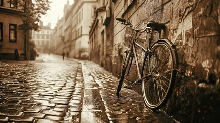 A bicycle leaning on a wall on a wet cobbled street in a romantic old city