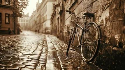 Türaufkleber A bicycle leaning on a wall on a wet cobbled street in a romantic old city © Adrian Grosu