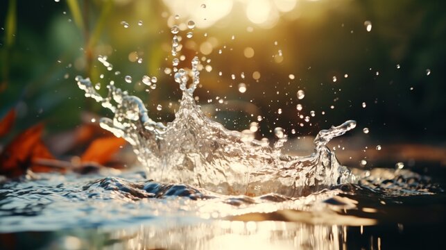 The blurred image of water striking a surface, bursting into droplets, with a large quantity of water creating a fluttering explosion in mid-air, captured in a stop motion shot for texture.
