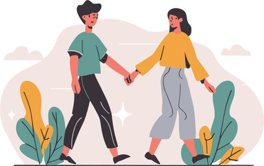 couple walking with a little puppy , flat vector illustration