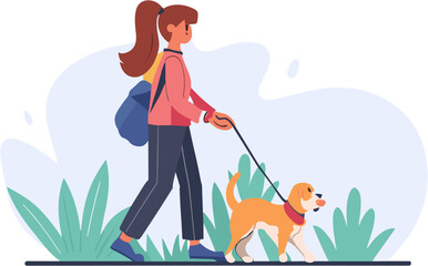 girl walk with dog out in the park, outdoor walking , flat vector illustration, 