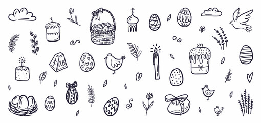 Vector set of Easter design elements. Eggs, chicken, cakes, willow, candles hand-drawn in the style of a doodle.