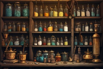 Illustration of occult magic magazine and shelf with various potions, bottles, poisons, crystals, salt. Alchemical medicine concept - obrazy, fototapety, plakaty
