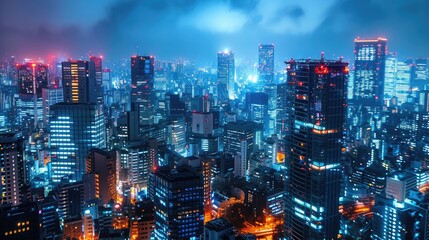 Cityscape at Night - Illuminated Buildings and Vibrant Lights Creating a Spectacular Urban Scene