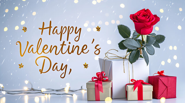 White elegant banner for Valentines day with typography "Happy Valentine's day" in golden text. While elegant sleak degin banner of valentine's day. Perfect background for valentine's day date.
