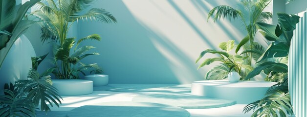 empty scene of space with palms and plants on the ground - obrazy, fototapety, plakaty