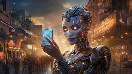 Imagine an AI bot doing a thumbs up in the camera while taking a selfie and behind the AI bot is an explosion of a city. - Powered by Adobe