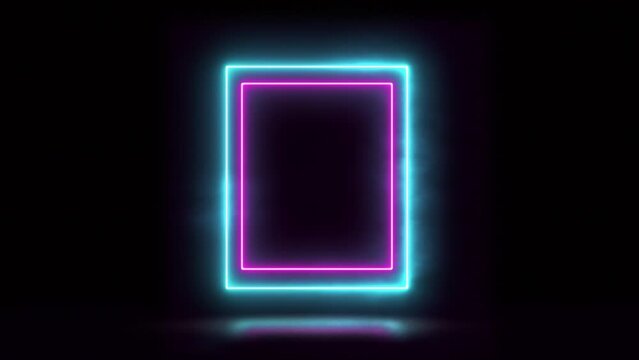 Seamless pattern. Glowing neon lighting frame with cyan and pink background in the air above the concrete floor with smoke flying through it. Futuristic modern neon glowing banner Loop Animation